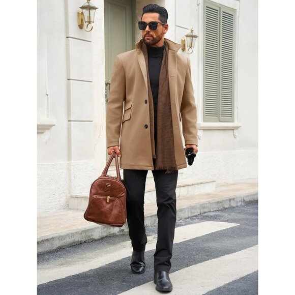 Men's Khaki Pea Coats Single Breasted Stand Collar Casual Slim Fit Trench - Picture 4 of 5